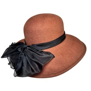 Arlin Vtg 100% Wool Wide Brim Hat Rust Brown Black Chiffon Bow Durby Style